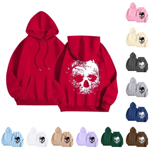 NinXxx Women's Print Pullover Hoodie Streetwear Drawstring Pouch Pocket Red M