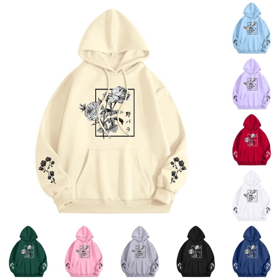 NinXxx Women's Rose Floral Japanese Street Style Hooded Sweatshirt Beige M