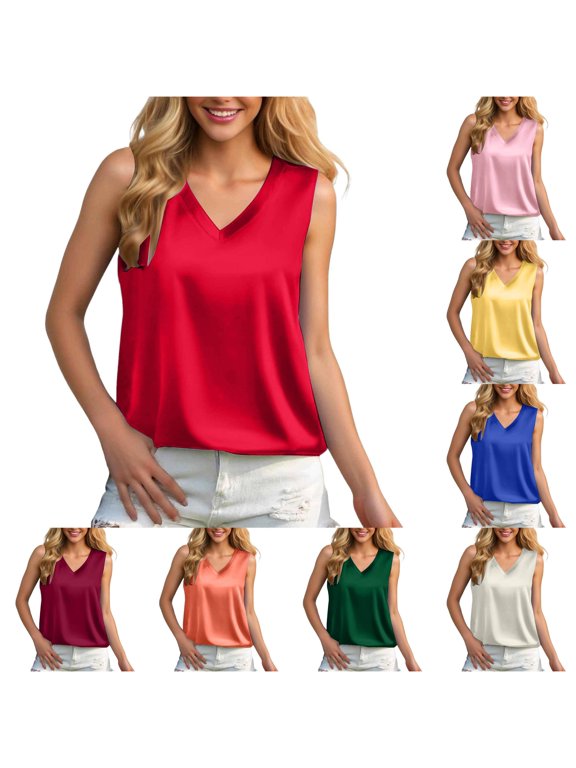 Women's Satin Camisole Sleeveless U Neck Solid Daily Blouse Red XXL