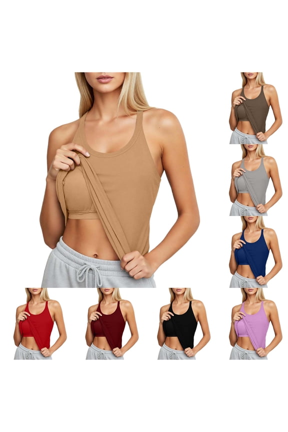 Women's Seamless Yoga Tank Top Built In Light Support Bra Workout Khaki M