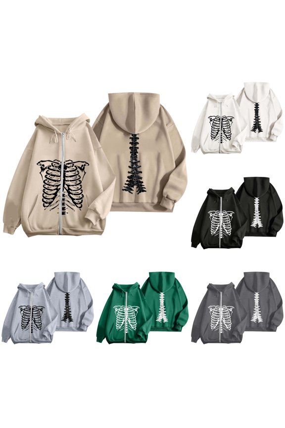 Women's Skeleton Graphic Zip Up Hoodie Oversized Streetwear Jacket Khaki XL