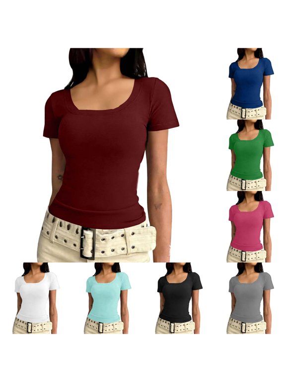 Women's Solid U Neck Short Sleeve Slim Stretch Brushed Top XXL