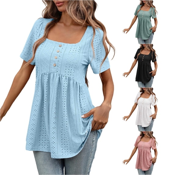 NinXxx Women‘s Square Neck Short Sleeve Blouse Casual Loose Fit Top Sky Blue XXL