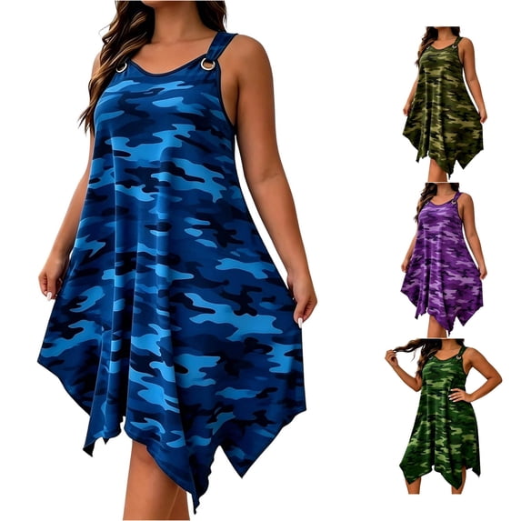 NinXxx Women‘s Square Neck Sleeveless Camo Dress Loose Casual Tunic Sundress Blue XL