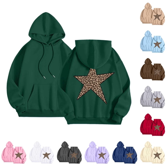 NinXxx Women's Star Print Leopard Hooded Sweatshirt Streetwear Pullover Dark Green S