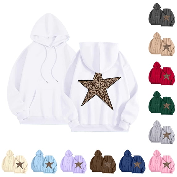 NinXxx Women's Star Print Leopard Hooded Sweatshirt Streetwear Pullover White XXL