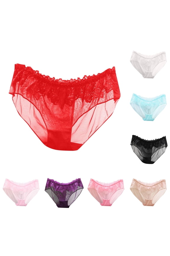 Women's Transparent Lace Low Waisted Seamless Mesh Triangle Underwear Red M