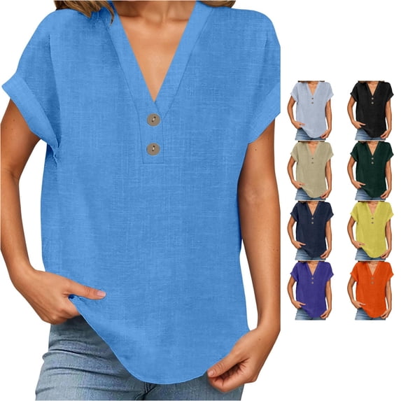 NinXxx Women's V Neck Short Sleeve Breathable Summer Basic Top Light Blue L
