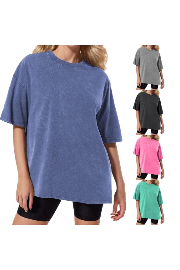 Women's Washed Tie Dye Snowflake Print Relaxed Short Sleeve Top Blue S