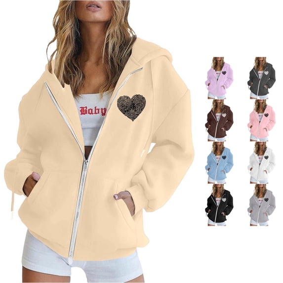 NinXxx Women's Zip Up Print Hoodie Long Sleeve Drawstring Pocket Pullover Beige S
