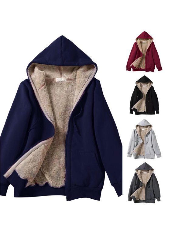 Women's Zipper Hooded Plush Coat Drawstring Sweater Sweatshirt Navy M