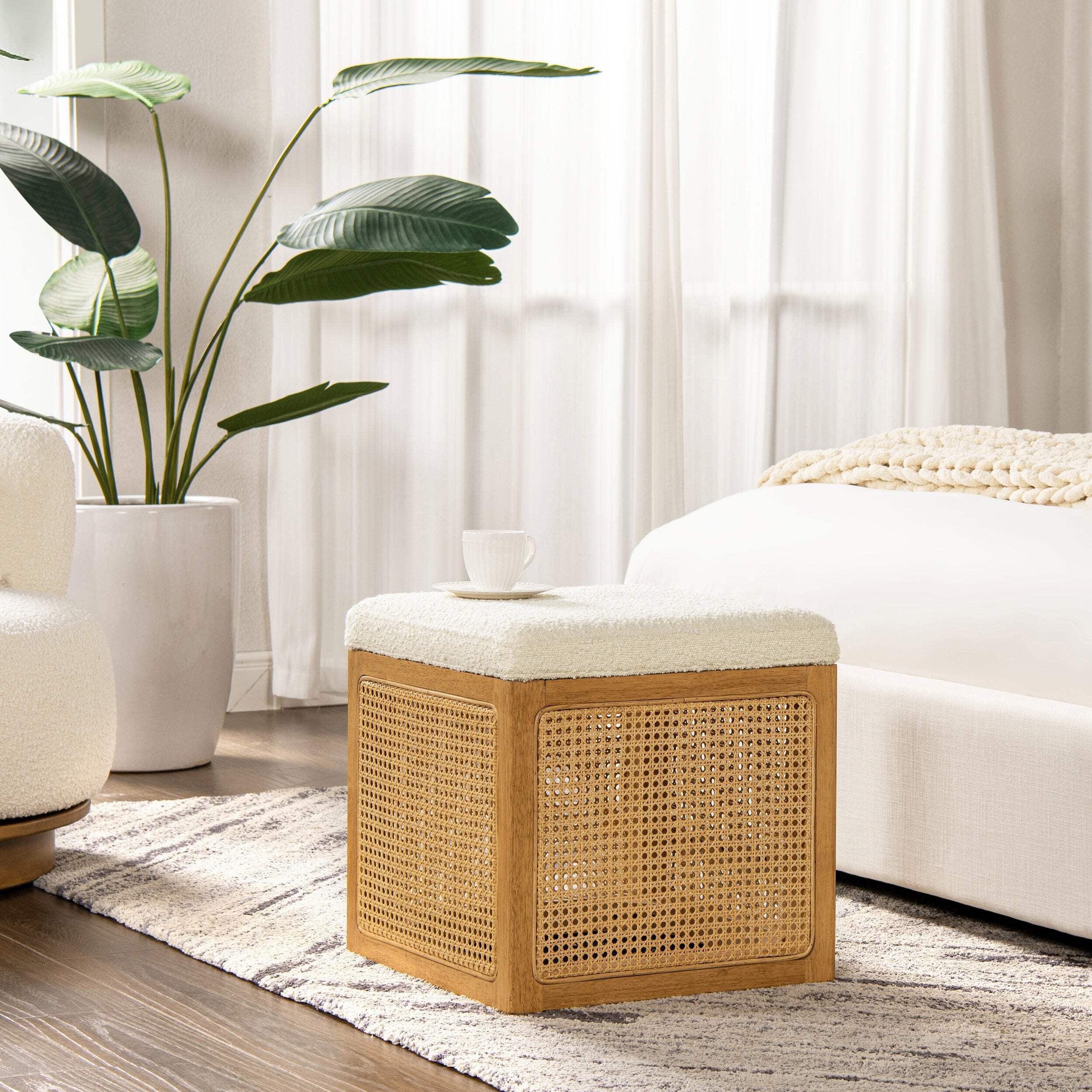 Nina 18" Natural Cane Webbing Cube Ottoman with Boucle Upholstery