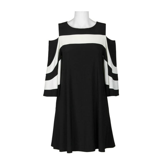 Nina Leonard Boat Neck Cold Shoulder Long Sleeve Wave Color Block Jersey Dress-BLACK IVORY