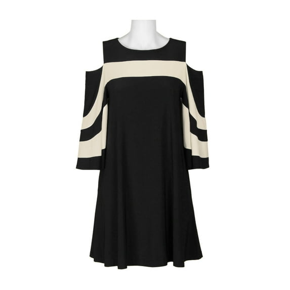 Nina Leonard Boat Neck Cold Shoulder Long Sleeve Wave Color Block Jersey Dress-BLACK TAN