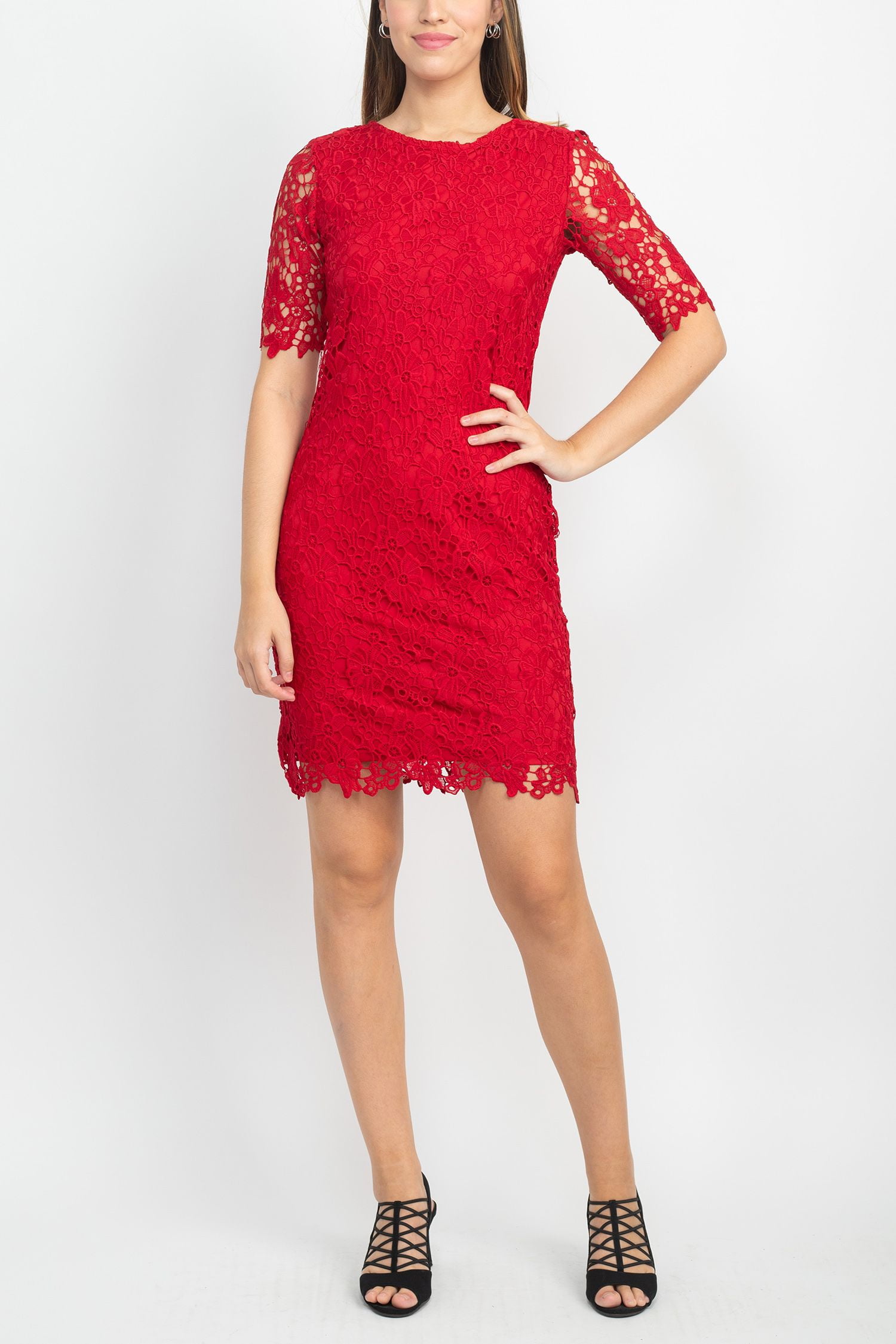 Nina Leonard Crew Neck 3/4 Sleeve Bodycon Zipper Back Floral Lace Dress-RED  / L - Walmart.com
