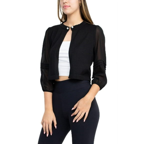 Nina Leonard Crew Neck Closure Knit Bodice 3-4 Chiffon Sleeve Solid Jacket-BLACK / S