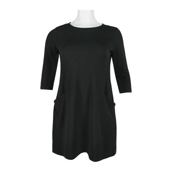 Nina Leonard Crew Neck Long Sleeve Pockets Zipper Back Solid Stretch Crepe Dress (Plus Size)-BLACK / 1X