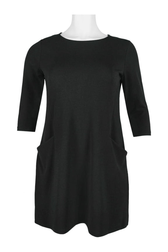 Crew Neck Long Sleeve Pockets Zipper Back Solid Stretch Crepe Dress (Plus Size)-BLACK / 1X