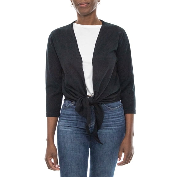 Nina Leonard Open Tie Front 3-4 Sleeve Bolero-BLACK / S