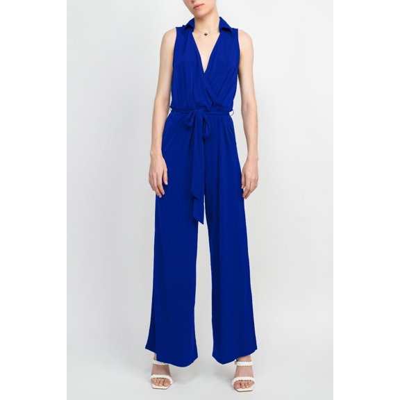 Nina Leonard V- Neck Pull Over Sleeveless Front Tie Waist Jersey Jumpsuit-COBALT / XL