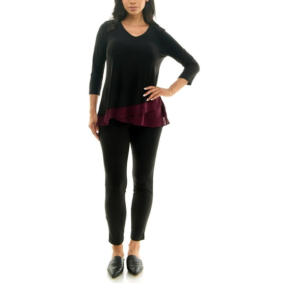 Nina Leonard V-neck 3/4 sleeve color block chiffon Tunic & slim cut pant set