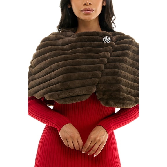 Nina Leonard Wrap Over Faux Fur Capelet And Crystal Closure ( Plus Size ) Color: MOCHA, Size: 1X