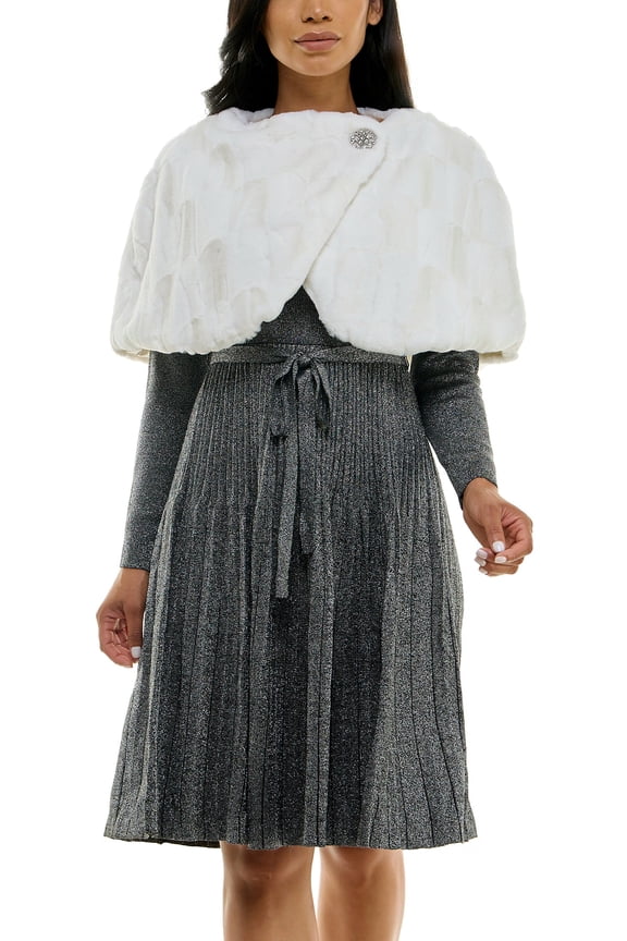 wrap over faux fur capelet with crystal closure Color: IVORY, Size: XL