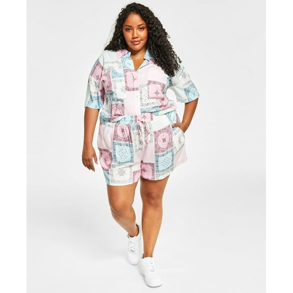 Nina Parker Trendy Plus Size Button-Front Cropped Top Bandana Print 3X