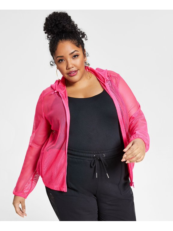 Trendy Plus Size Mesh Hoodie Jacket Knockout Pink 0X