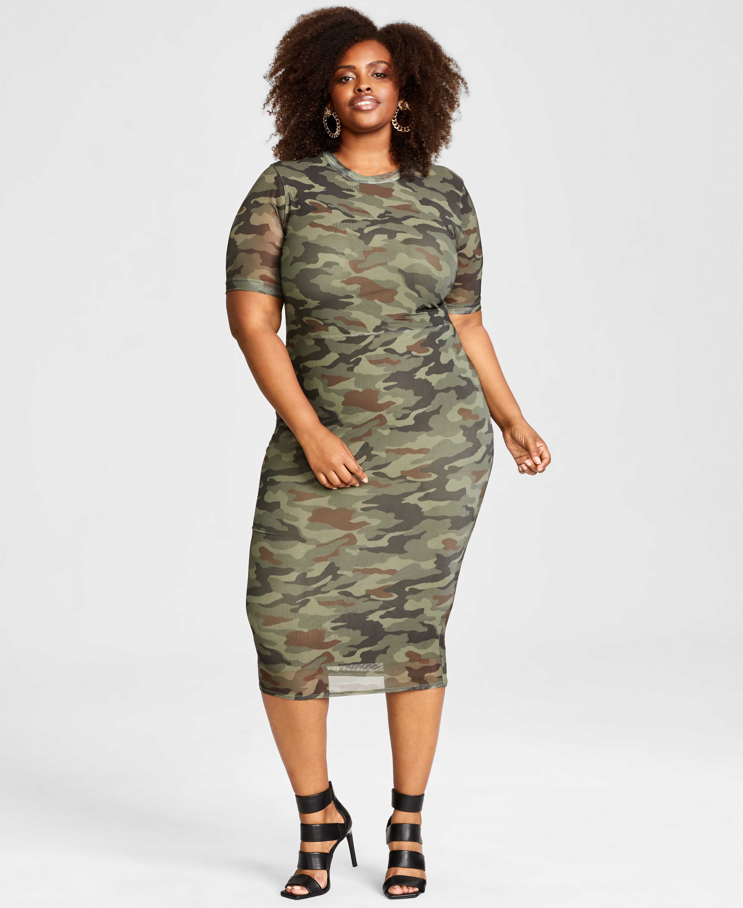 Nina Parker Trendy Plus Size Mesh Midi Dress Camo Print 0X Walmart