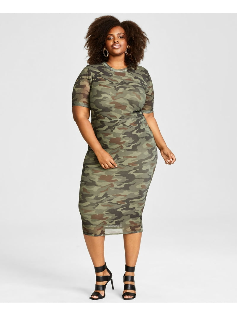 Nina Parker Trendy Plus Size Mesh Midi Dress Camo Print 0X