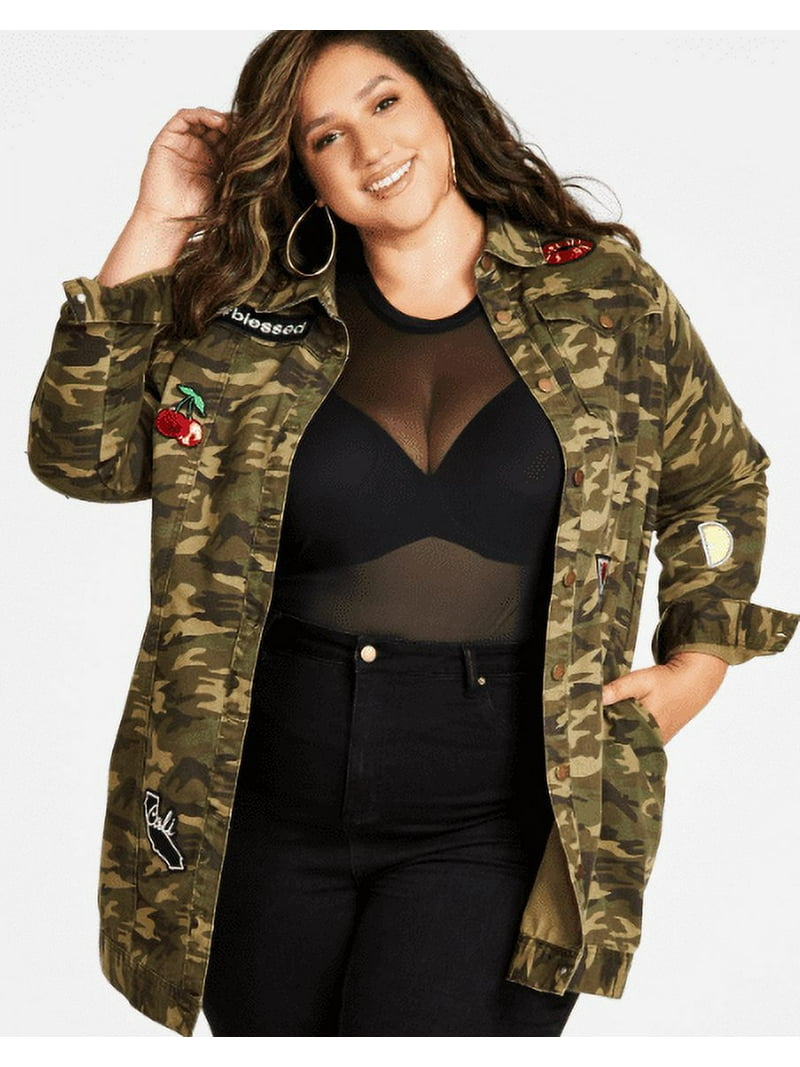 Nina Parker Trendy Plus Size Patched Camo-Print Jacket, 1X