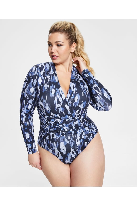 Trendy Plus Size Printed Faux Wrap Bodysuit Blue Animal Print 1X