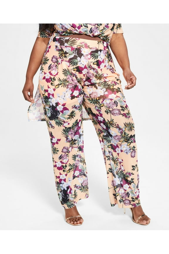 Trendy Plus Size Printed Mesh Pants Floral Print 1X