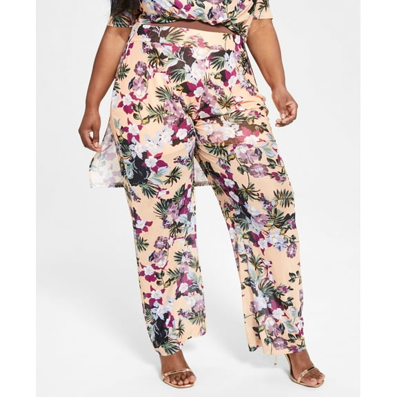 Nina Parker Trendy Plus Size Printed Mesh Pants Floral Print 2X