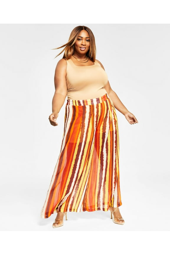 Trendy Plus Size Pull On Chiffon Pants Warm Stripe Print 1X