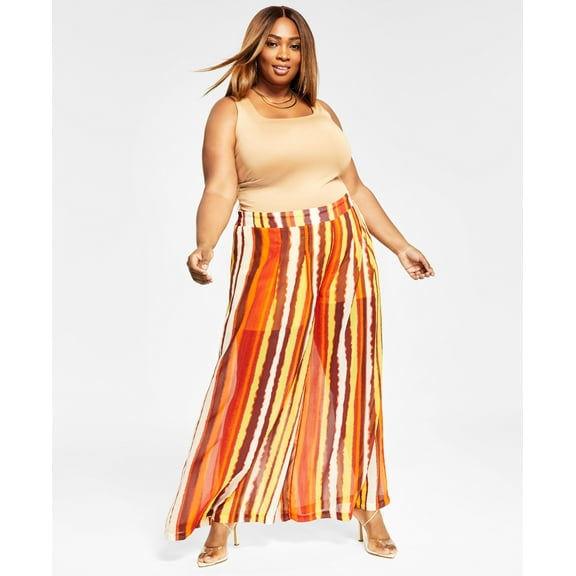 Nina Parker Trendy Plus Size Pull On Chiffon Pants Warm Stripe Print 1X