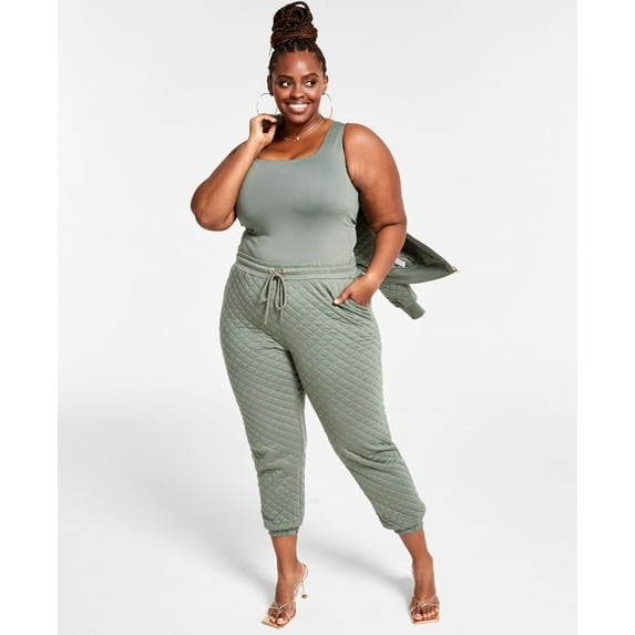 Nina Parker Trendy Plus Size Quilted Jogger Pants Terrain Green 3X