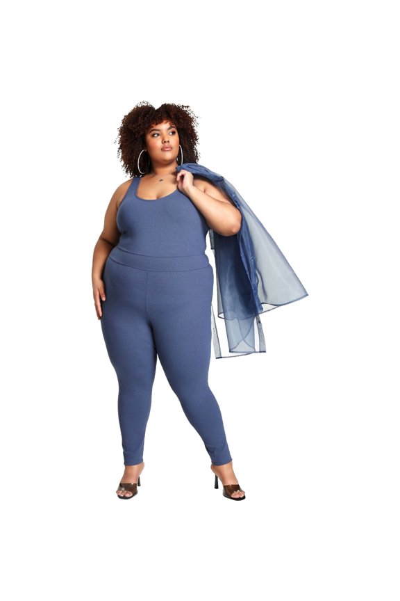 Womens Ribbed Catsuit, Blue, Plus Size, 3X