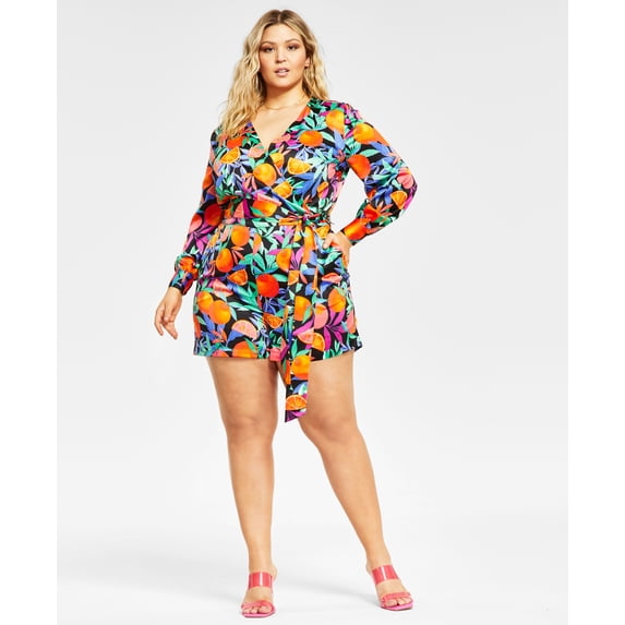 Nina Parker Trendy Plus Size Satin Romper Tropical Fruit Print 2X