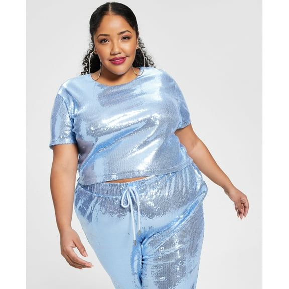 Nina Parker Trendy Plus Size Sequin T-Shirt Halogen Blue 1X