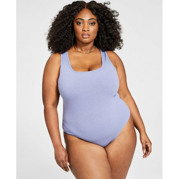 Nina Parker Trendy Plus Size Sleeveless Ribbed Knit Bodysuit Silver Bullet 0X