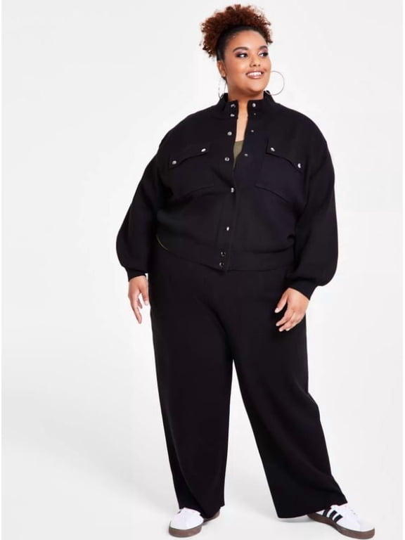 Women's Black Trendy Plus Size Camouflage Knit Jacket, 2X