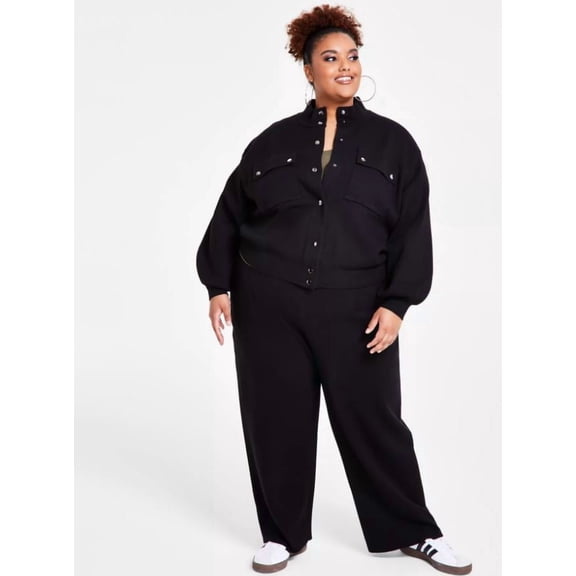 Nina Parker Women's Black Trendy Plus Size Camouflage Knit Jacket, 3X