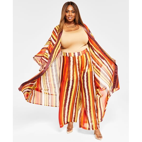 Nina Parker Trendy Plus Size Printed Chiffon Duster Warm Stripe Print 3X-4X