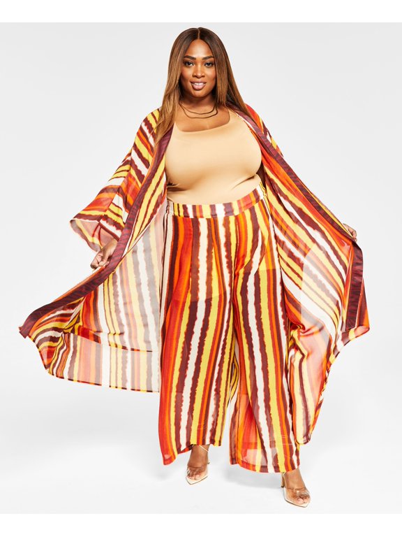 Trendy Plus Size Printed Chiffon Duster Warm Stripe Print 3X-4X