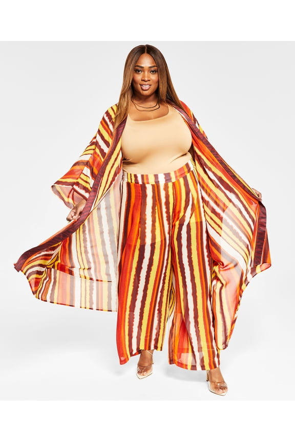 Trendy Plus Size Printed Chiffon Duster Warm Stripe Print 3X-4X