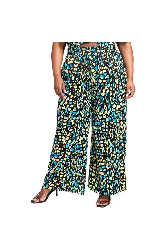 Womens Leopard Printed, Satin Casual Wide Leg Pants, Multicoloured, Plus Size, 2X