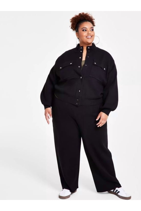 Women's Black Trendy Plus Size Camouflage Knit Jacket, 0X