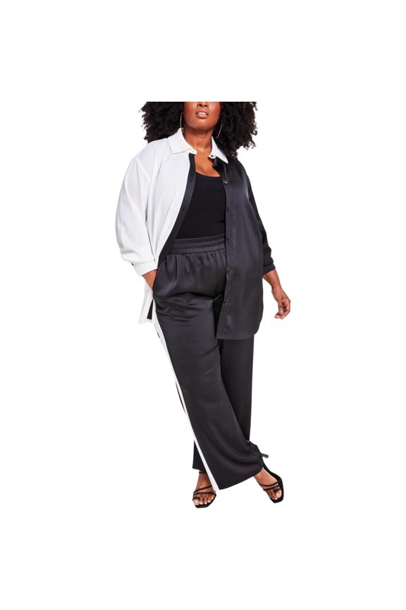 Womens Color Blocked Woven Button Up Shirt, White, Plus Size, 3X